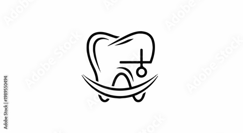 Stylized black line drawing of a molar tooth with a clamp