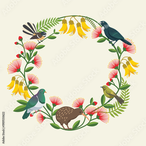 Native New Zealand Birds and Flora Wreath