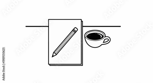 Black and white sketch of a pencil on paper next to a cup of coffee