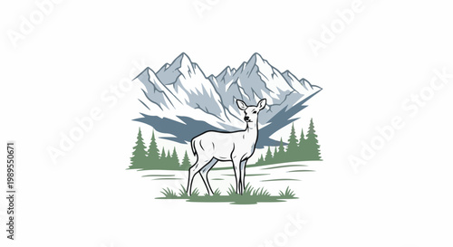 White deer stands before snowy mountains and green pine trees