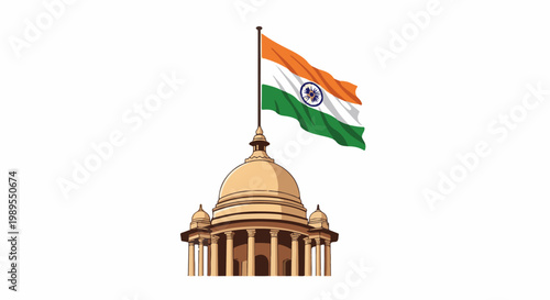 A grand building topped with a waving national flag