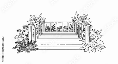 A sketched deck with railings, steps, and surrounding foliage
