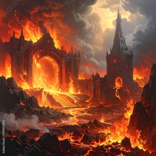 Gothic Fantasy Castle Engulfed In Raging Flames And Molten Lava Flowing Through A Dark Apocalyptic Landscape Digital Illustration