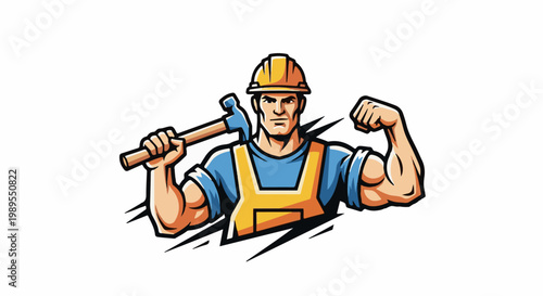 Muscular builder in yellow overalls flexing arm, holding hammer