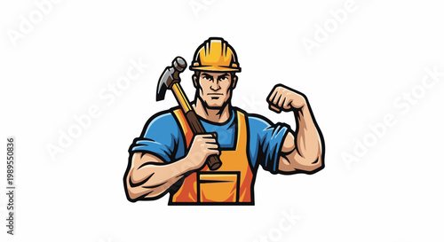 Muscular construction worker in hard hat and overalls flexing arm, holding hammer