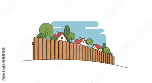 A wooden fence separates the viewer from charming houses and green trees
