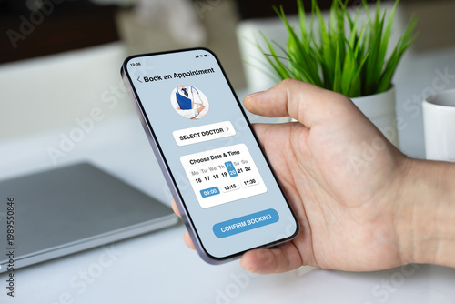 Man holding phone with medical doctor appointment booking app interface