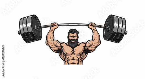 Muscular man with beard lifts heavy barbell overhead (1)