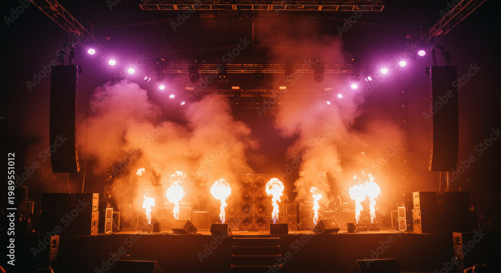 Obraz premium コンサートステージで上がる火柱と紫色の照明。ライブイベントの特殊効果演出。スモークが充満する舞台