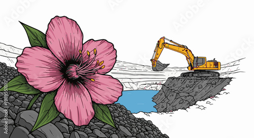 Large pink flower in foreground, excavation equipment and water in background