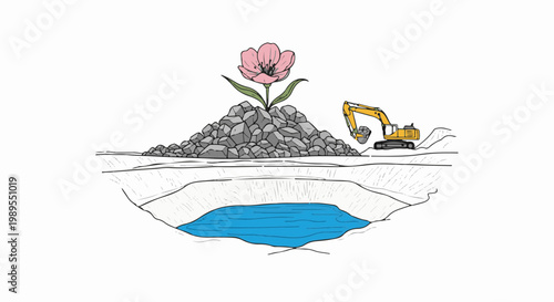 Excavator builds a mound of rocks topped by a single flower, with a pool below