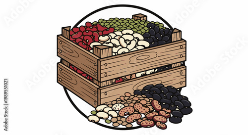 Wooden crate overflowing with various colorful beans and legumes
