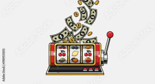 A retro slot machine displays fruit symbols, with cash and coins raining down