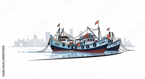 Three fishing boats docked in a harbor with a city skyline in the background