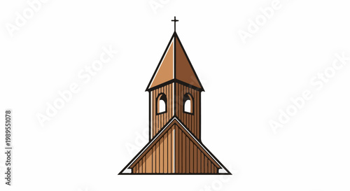 Wooden church steeple with arched windows and a cross on top
