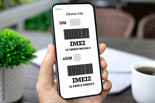 Phone IMEI screen SIM eSIM device info barcode male hand