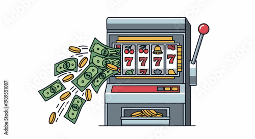 Slot machine erupting with cash and coins, symbolizing big wins and fortune