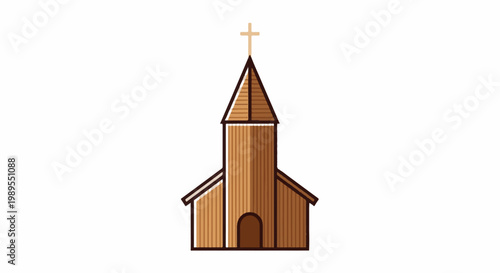 Wooden country church with steeple and cross, stylized illustration