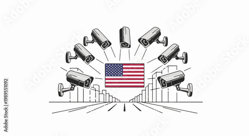 Surveillance state concept multiple security cameras monitoring an American flag