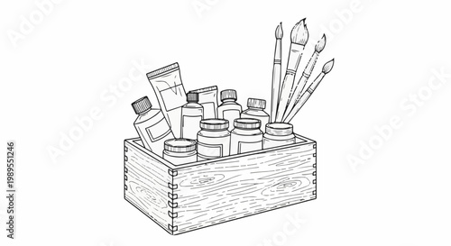 A wooden box filled with art supplies, including bottles and brushes