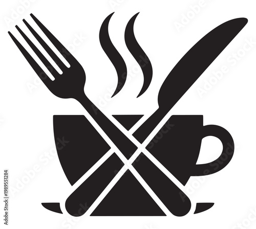 Stylized black silhouette icon featuring a steaming coffee cup crossed by a fork and knife, symbolizing dining, restaurant, and meal service.