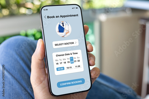 Man holding phone with medical doctor appointment booking app interface