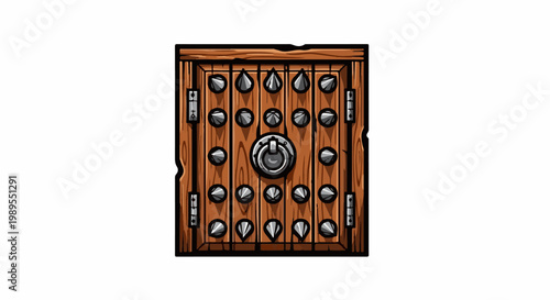 A heavy wooden door, studded with metal spikes, and a central metal ring
