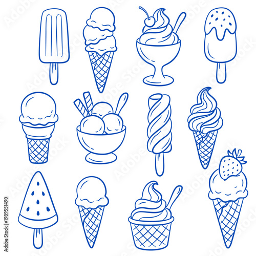 Doodle illustration ice cream set. Waffle cones, cups and popsicles with different toppings. Hand drawn summer dessert collection in sketch style. Sweet treats vector illustration