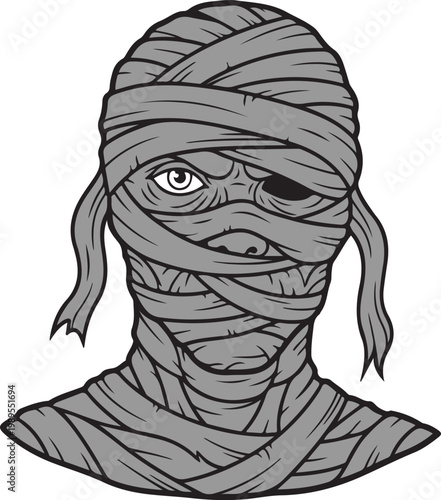 Illustration of a spooky mummy face wrapped in ancient bandages for a classic horror theme