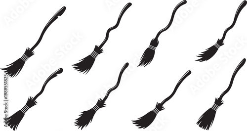 Collection of magical witch broomstick silhouettes for fantasy themed graphic projects and halloween party seasonal decoration designs