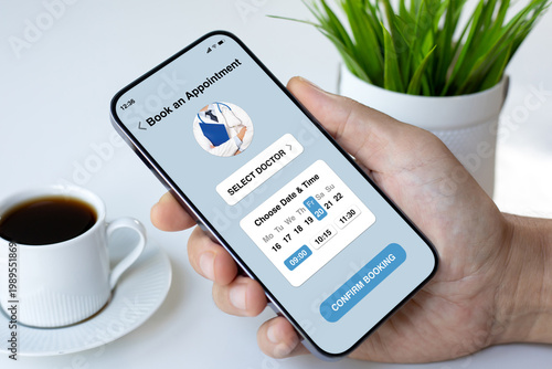 Man holding phone with medical doctor appointment booking app interface