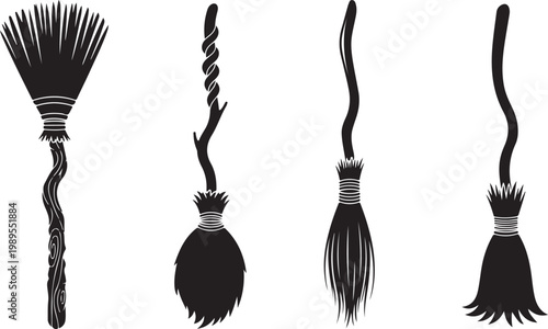 Set of four distinct black silhouettes of witch brooms for magical Halloween and fantasy designs