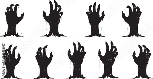 Collection of scary zombie hand silhouettes reaching out from the ground for spooky themed graphic elements