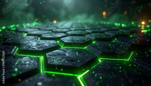 Hexagonal Dark Sci fi Grid with Neon Green Lights