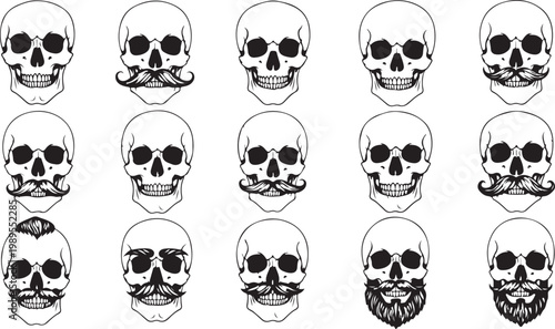 Set of various human skulls featuring creative mustache and beard styles for unique graphic design projects