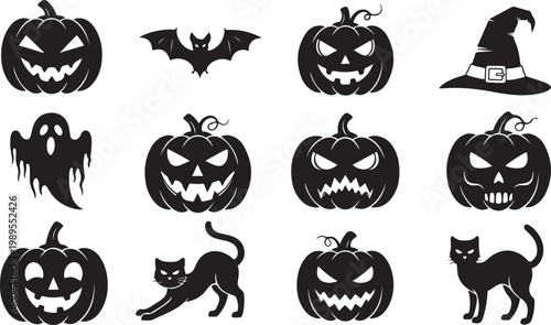 Collection of festive halloween silhouettes featuring carved pumpkins cats and spooky ghosts for seasonal holiday design projects