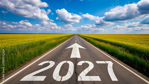 Future success road with 2027 arrow direction on highway under blue sky