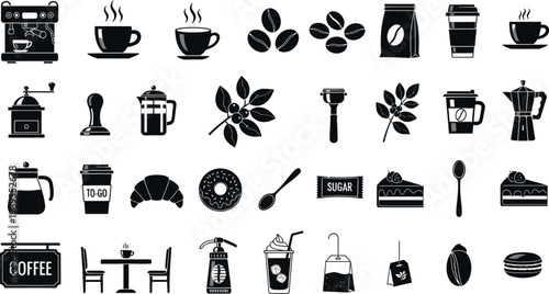 Collection of black coffee shop and food on white background espresso machine coffee cup coffee beans