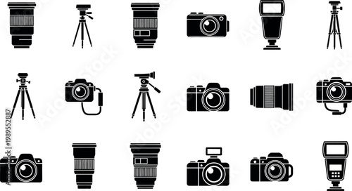 Collection of black camera lenses tripods and flashes on white background equipment