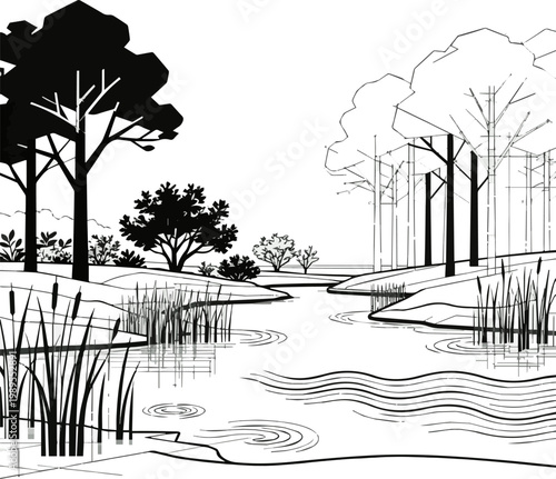 Create a Architectural Drawings, Minimal style cad tree line drawing, Side view, set of section wetland forest outline for landscape design drawing in separate element vector art .