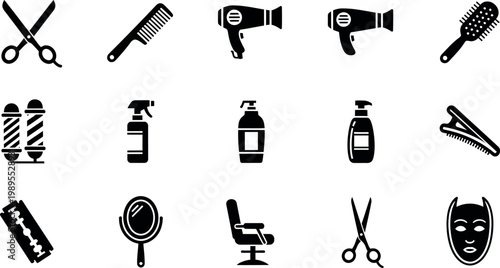 Collection of black for barber shop and hair salon services scissors comb hair dryer