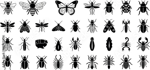 Collection of black insect including bees butterflies beetles scorpions and mantis