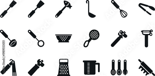 Collection of black kitchen utensil on a white background kitchen utensils cooking tools spatula fish scaler