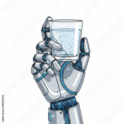 A robotic hand holds a glass of water in a futuristic setting.
