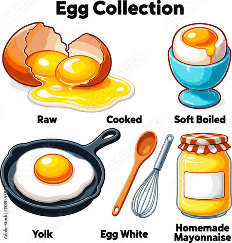 Create a kinds of deferent Food stickers set. Raw, cooked, soft boiled eggs collection. Yolk, egg white, homemade mayonnaise and other cooking elements. Modern cartoon concept vector art .