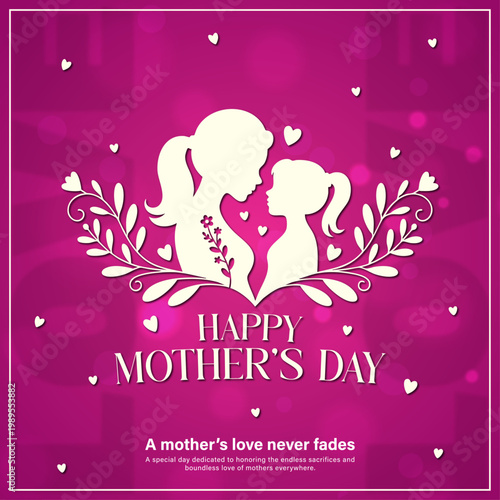 happy mother’s day pink floral silhouette greeting card, mother and daughter love papercut style illustration, beautiful magenta mother’s day background with hearts, elegant motherhood greeting card t