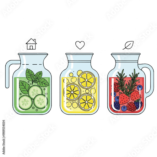 Three jars of refreshing drinks with herbs and fruits on a table indoors