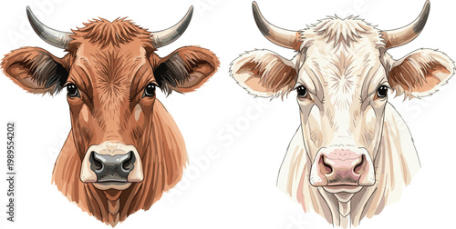 Cow Head Portrait Set with Detailed Farm Animal Faces Brown and White Cattle Illustration Isolated on White Background Vector Collection