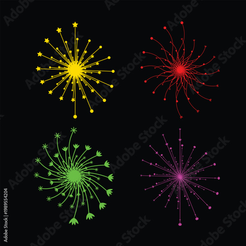 Colorful fireworks and firecrackers vector set isolated on black background.