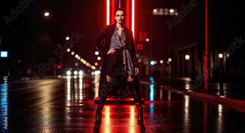 Woman Posing in Neon Lit Street.